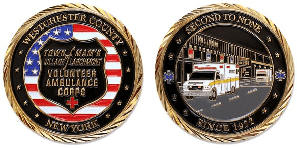 Larchmont VAC commemorative Challenge Coin showing both faces — the Town of Mamaroneck / Village of Larchmont Volunteer Ambulance Corps shield, and a Second to None ambulance design dated 1972