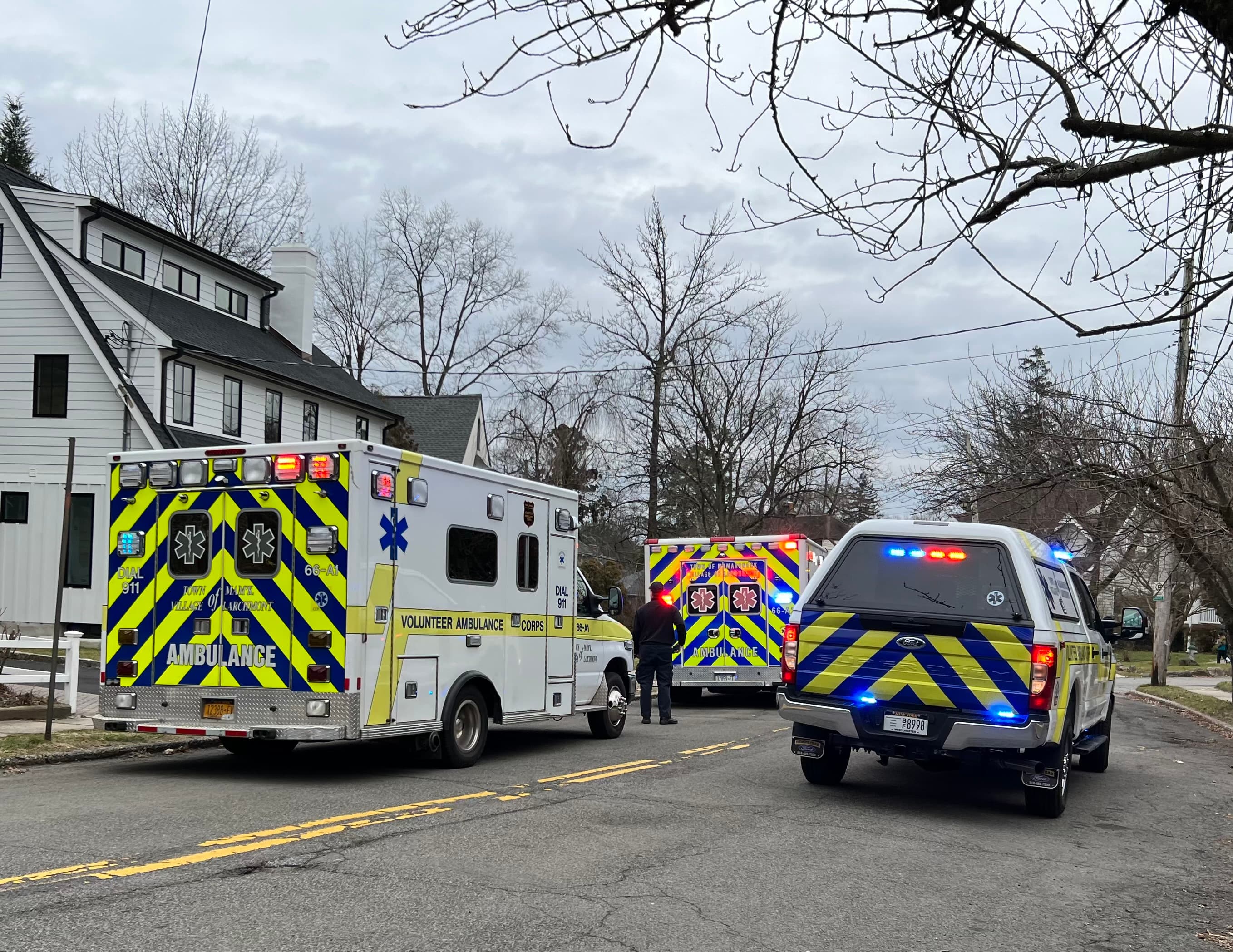 Larchmont VAC ambulance and supervisor truck on a residential call