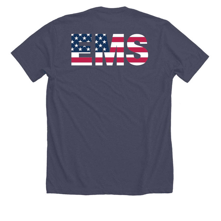 Back of the t-shirt with EMS spelled out in an American flag pattern