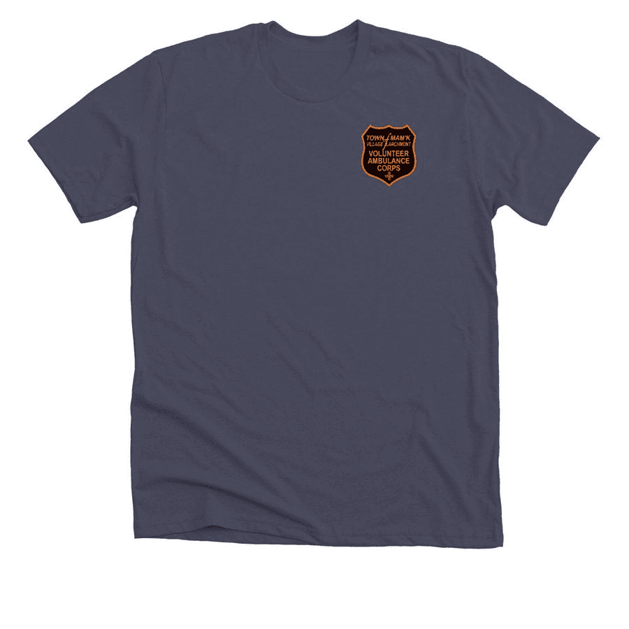 Heather navy Larchmont VAC t-shirt with the orange VAC shield on the left chest