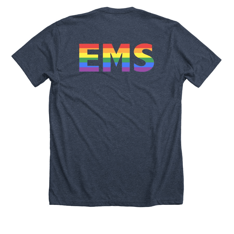 Back of the t-shirt with EMS spelled out in a rainbow Pride pattern