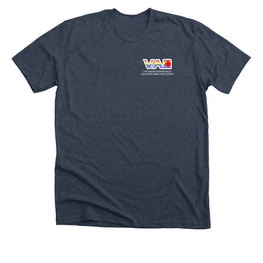 Heather navy Larchmont VAC t-shirt with the rainbow VAC logo on the left chest